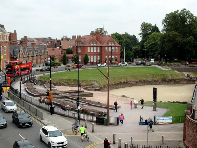 The Roman amphitheatre and Little St John Street in Chester.
