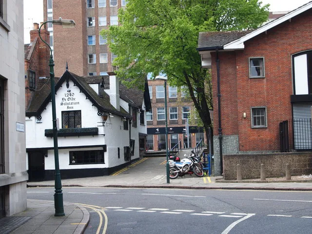 Hounds Gate in Nottingham with an old timber-framed building.