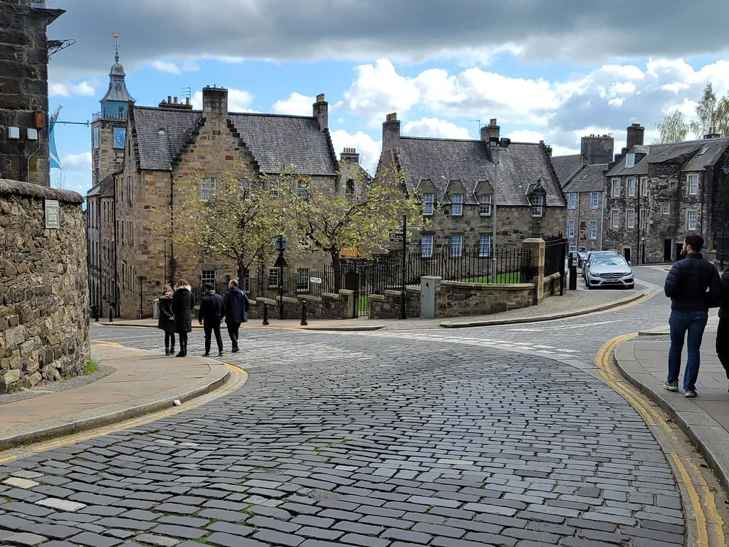 Cobbled Broad Street at the junction with Mar Place, Stirling.