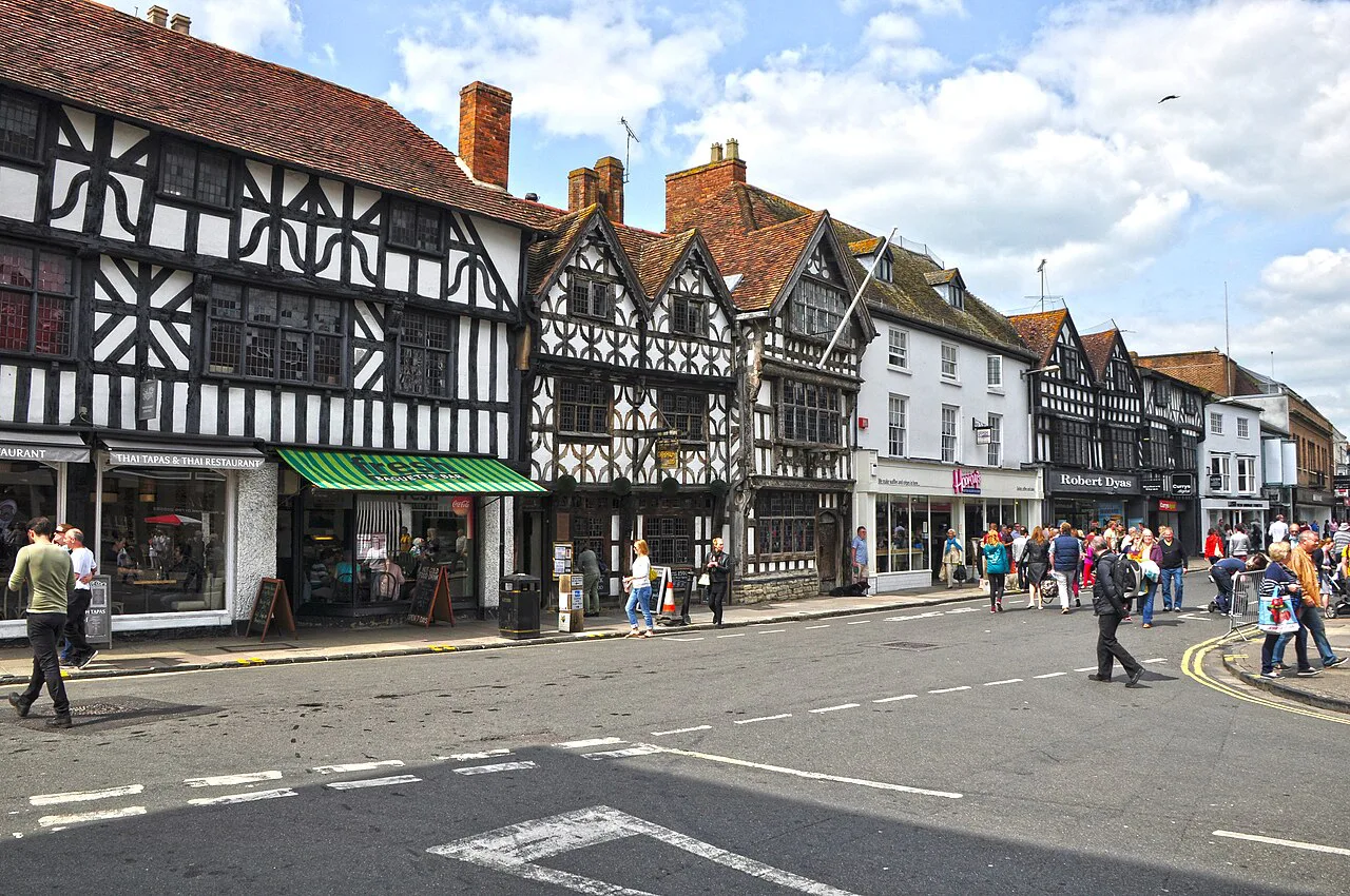 Tudor-style shopfronts on High Street, Stratford-upon-Avon.