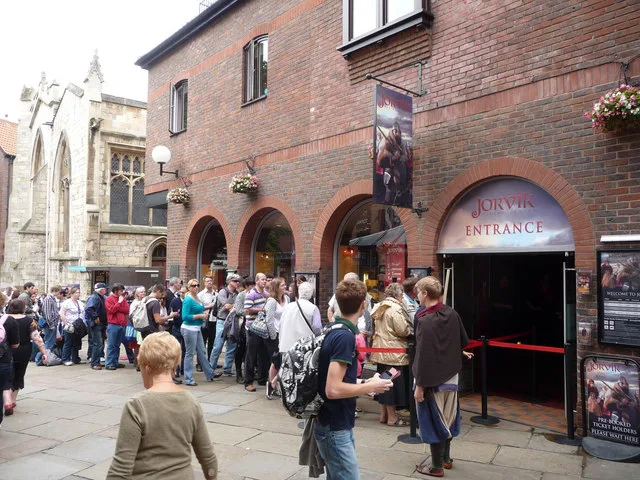 Visitors at the entrance to the Jorvik Viking Centre, York.