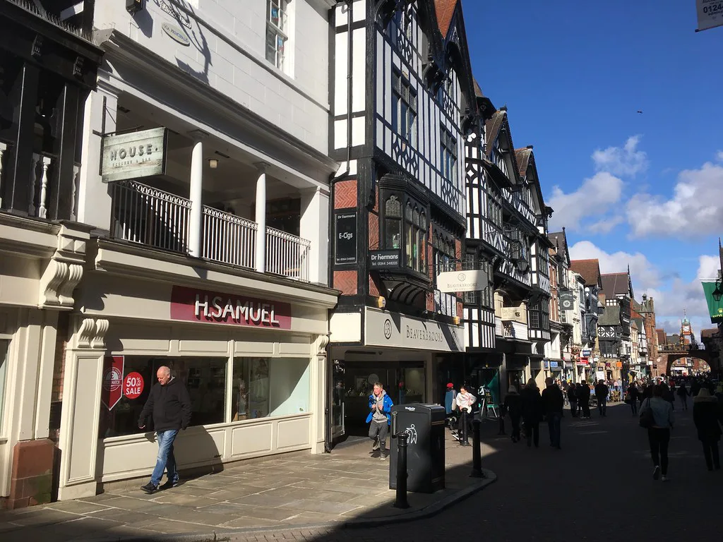Shops beneath the timber-framed Rows on Eastgate Street, Chester.