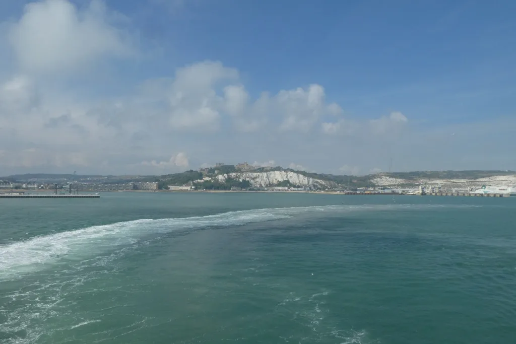 Dover Port and the white cliffs seen from the sea.