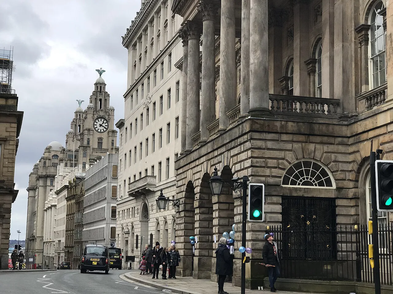 Water Street in Liverpool with the Royal Liver Building behind.