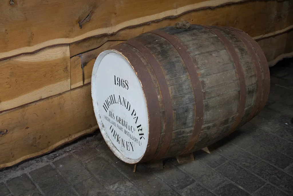 A Highland Park cask at the distillery in Kirkwall.