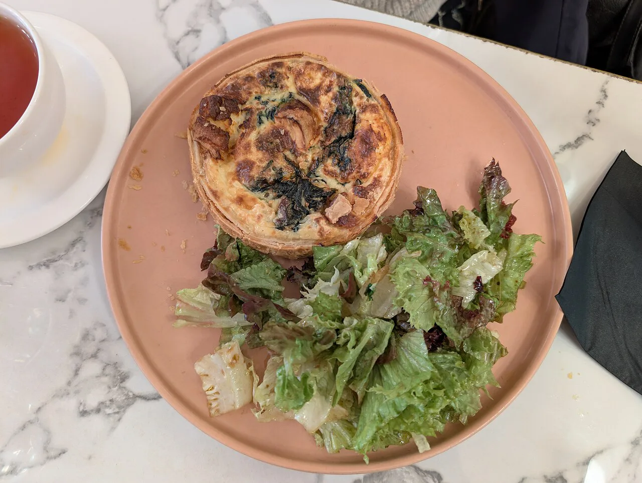 Spinach quiche and salad at Julien Plumart, Brighton.