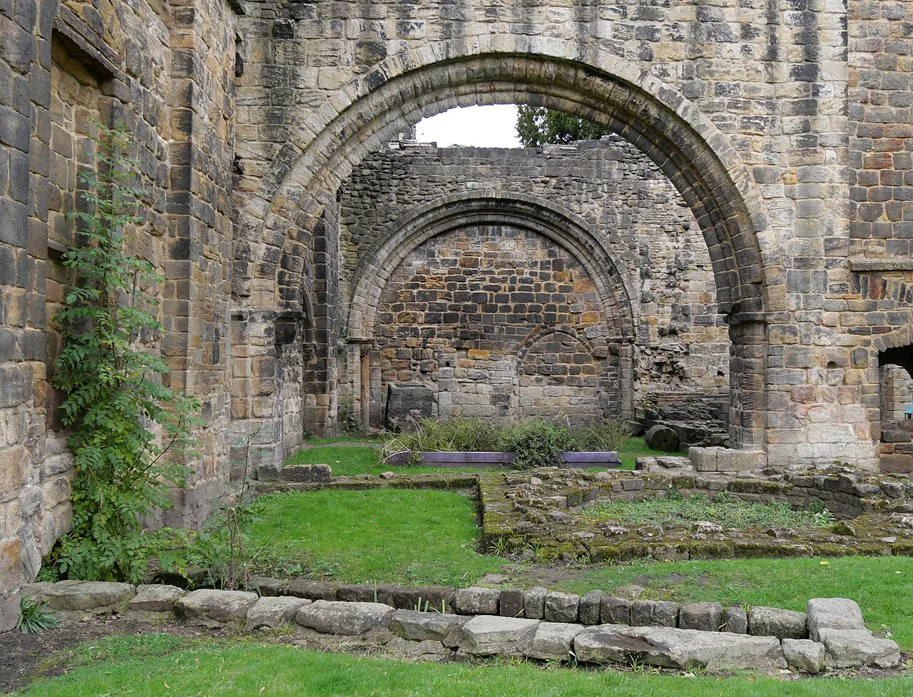 A ruined arch inside Kirkstall Abbey, Leeds.