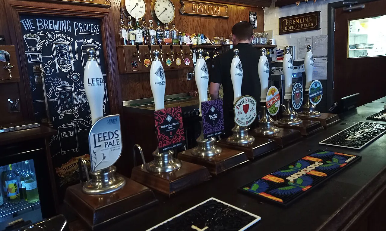 Hand pumps on the bar of the Kirkstall Brewery tap on Kirkstall Road, Leeds.