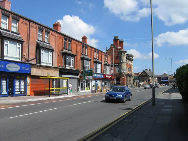 Shops along Rice Lane in Walton, Liverpool.
