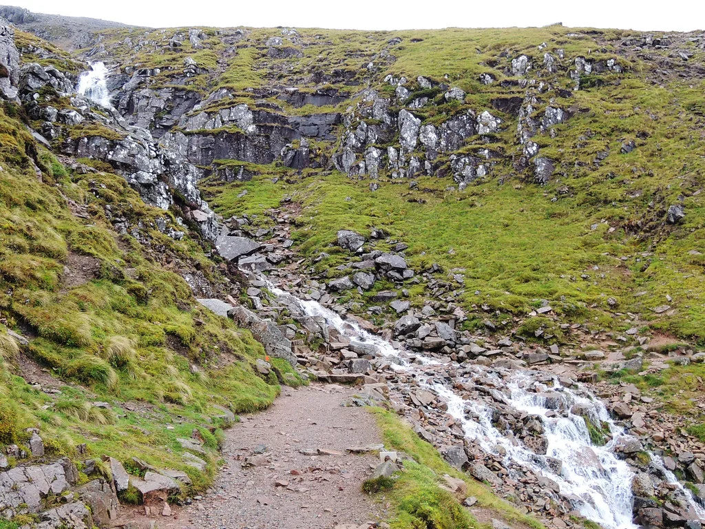 The path up Ben Nevis beside a mountain stream.