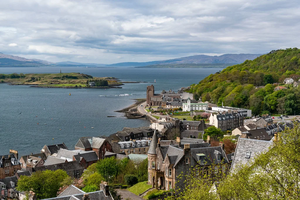 Oban and its bay seen from the hill above the town.