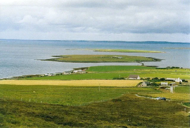 Grimbister farm, known for its crumbly Orkney cheese, seen from Cuween Hill, Orkney.