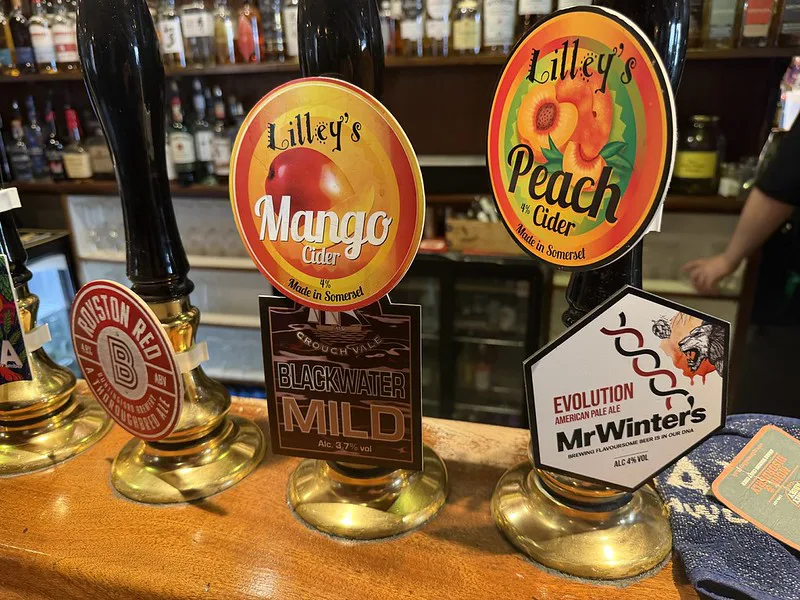 Cask ale and cider handpumps on an English pub bar.