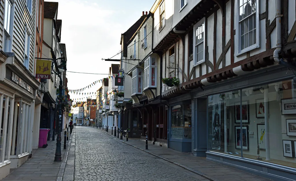 Timber-framed shops along Burgate, Canterbury.