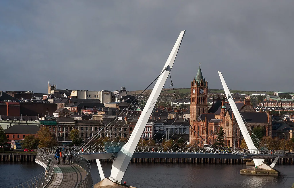 The Peace Bridge and the Guildhall in Derry.