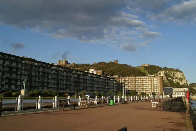 Seafront flats with Dover Castle above, Dover.