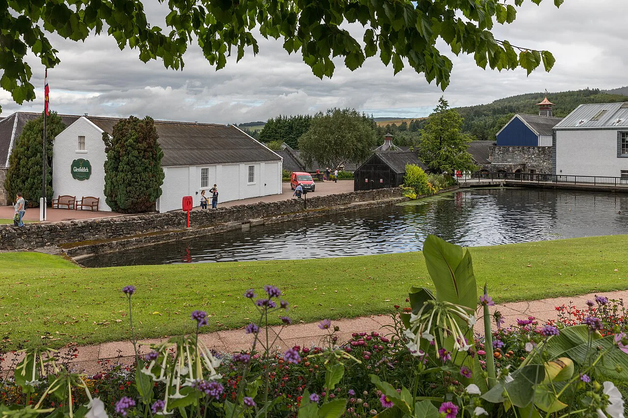 The grounds and pond at Glenfiddich Distillery, Dufftown.