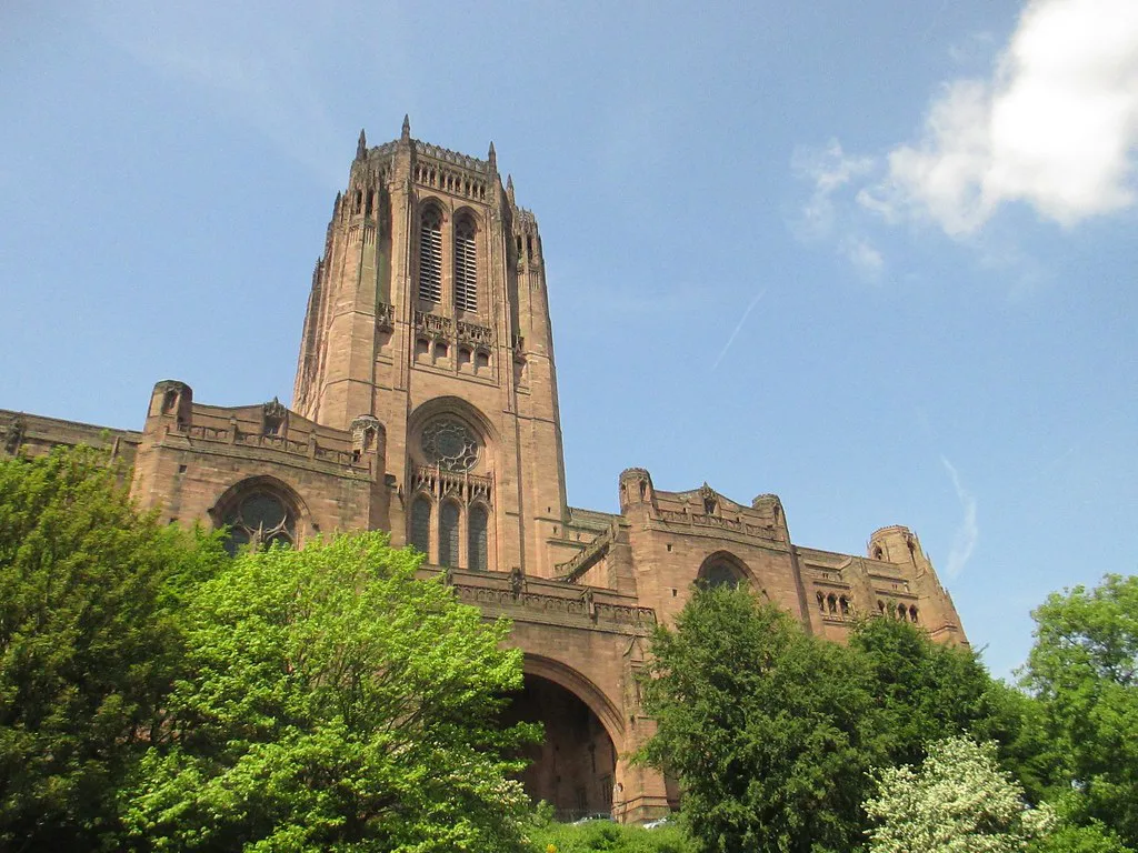 Liverpool Cathedral seen from below.