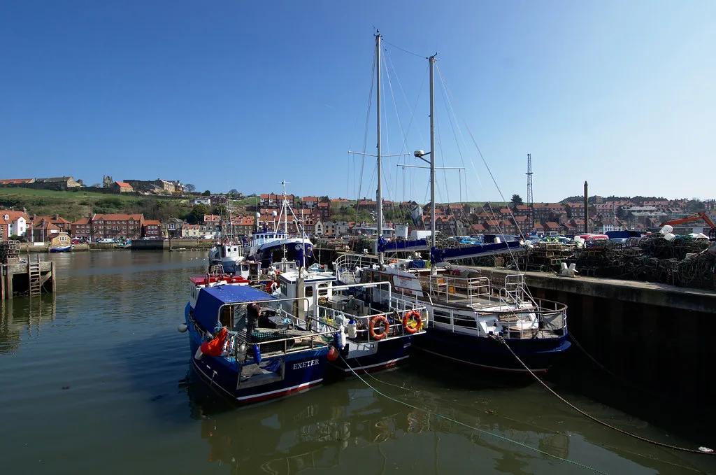 Fishing boats moored in Whitby Harbour.