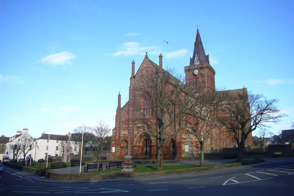 St Magnus Cathedral seen across the street in Kirkwall.
