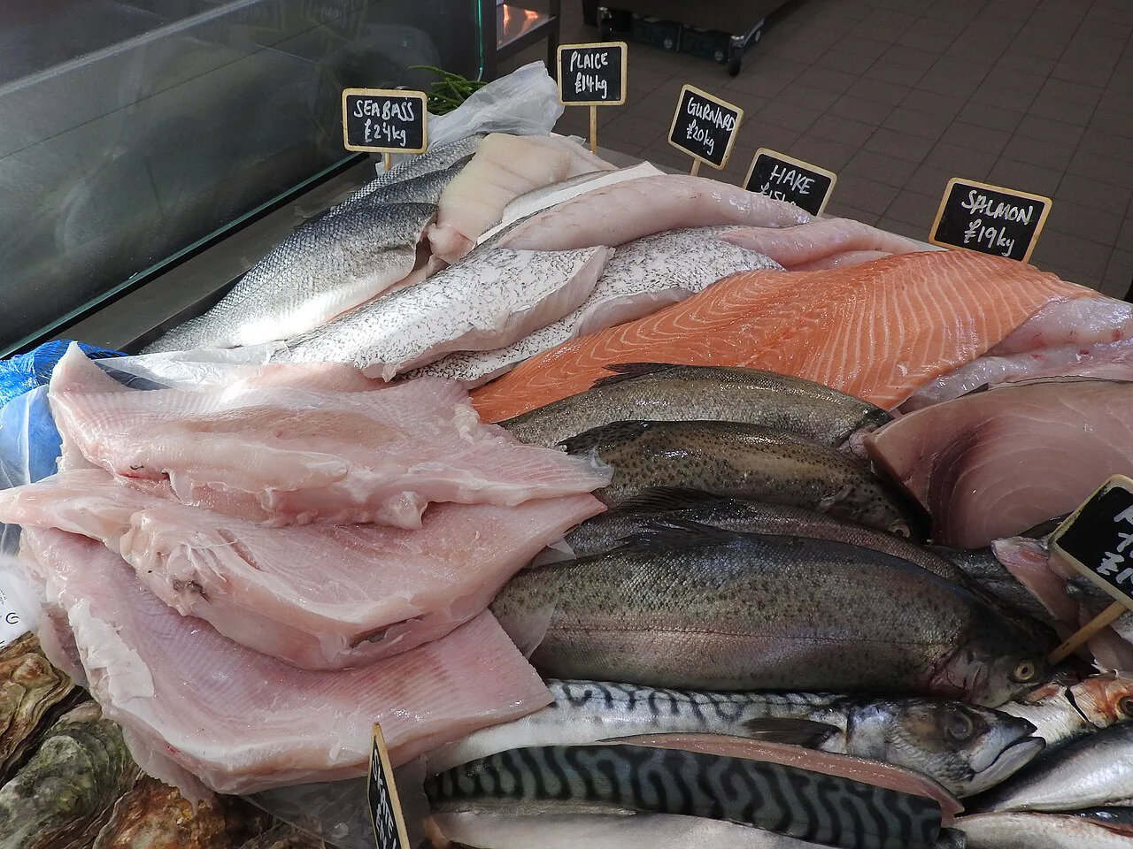 Fresh fish on the counter at the Cod's Scallops, Nottingham.