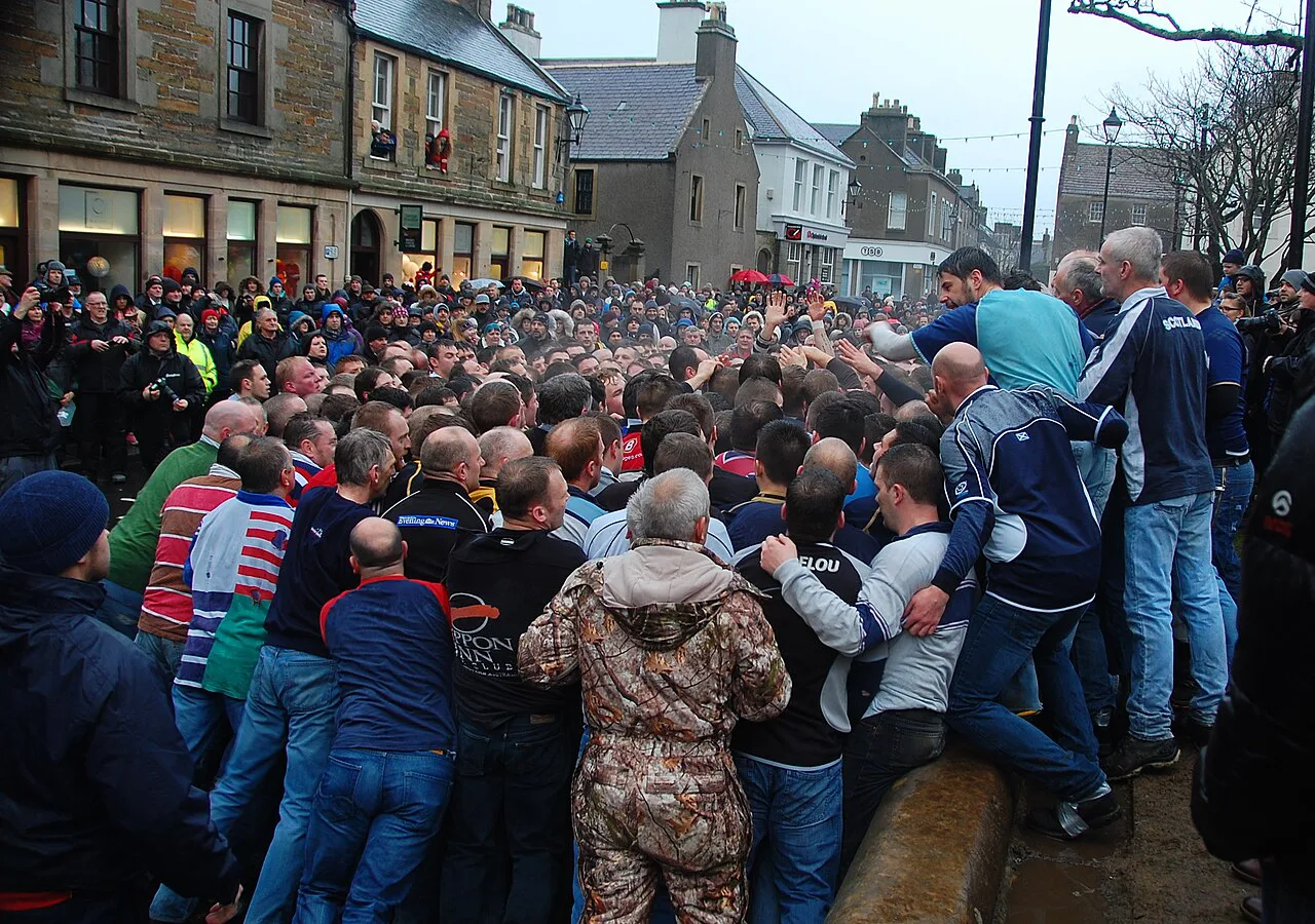 The New Year's Day Ba' game on Broad Street, Kirkwall.