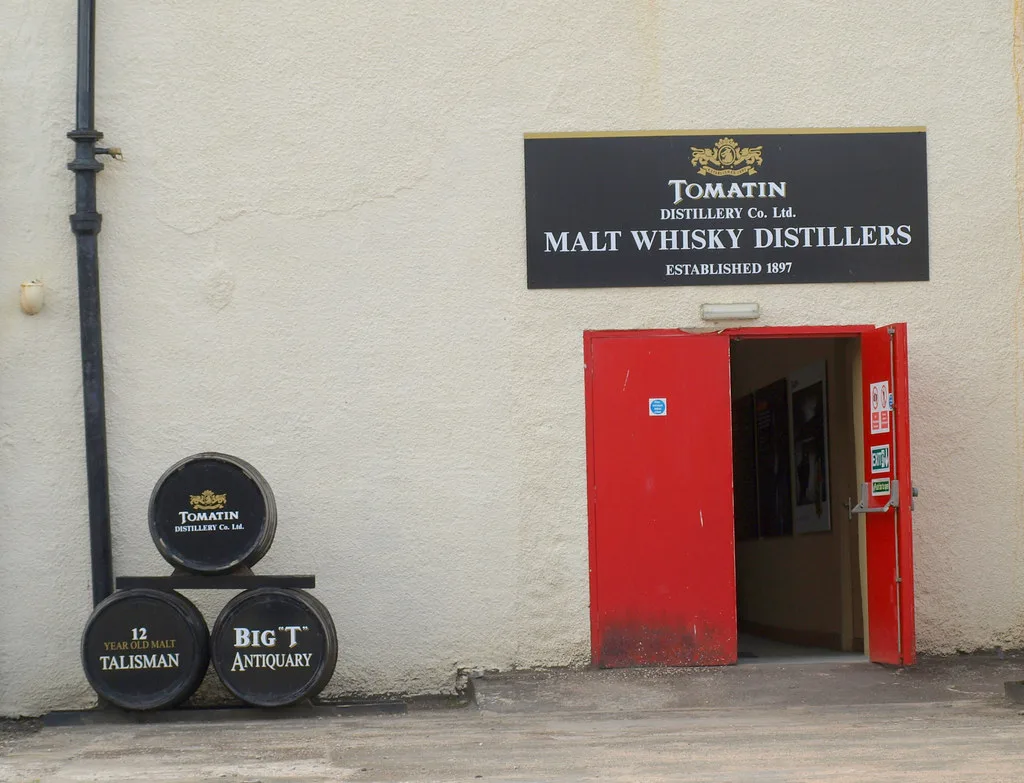 Casks outside the Tomatin Distillery entrance near Inverness.