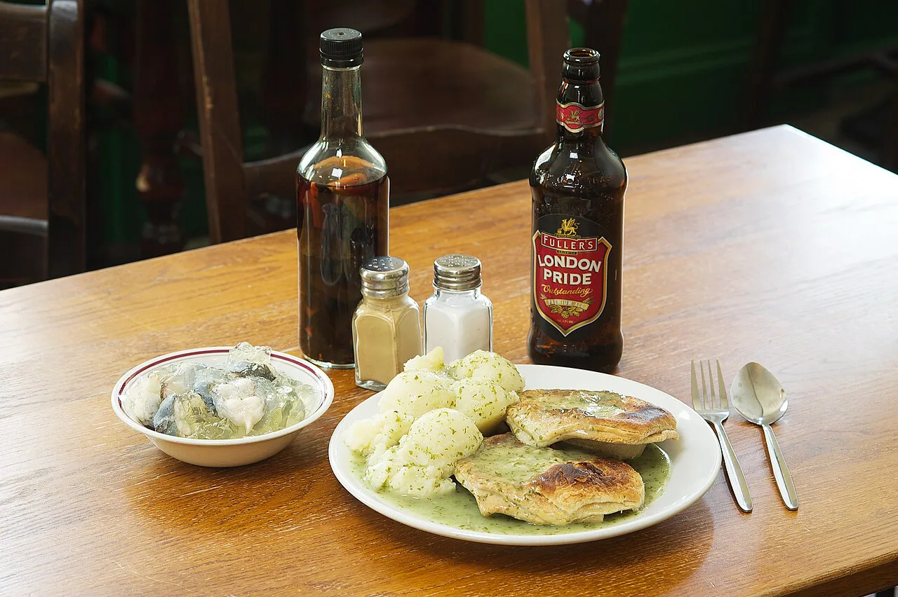 Pie, mash and liquor with jellied eels at Goddards in Greenwich, London.