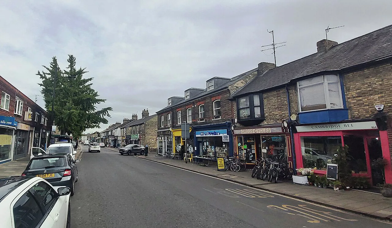 Shops and cafés along Mill Road, Cambridge.