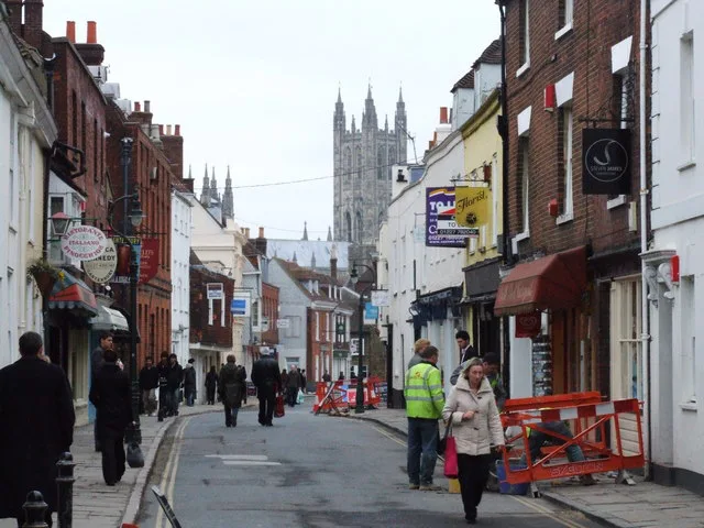Castle Street in Canterbury with the cathedral tower behind.