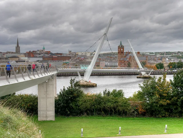 Derry Guildhall and the Peace Bridge.