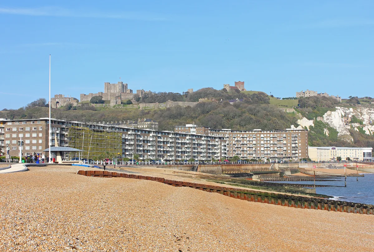 Dover seafront with Dover Castle above.