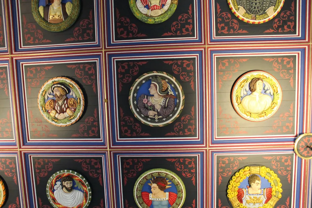The painted Stirling Heads ceiling inside Stirling Castle.