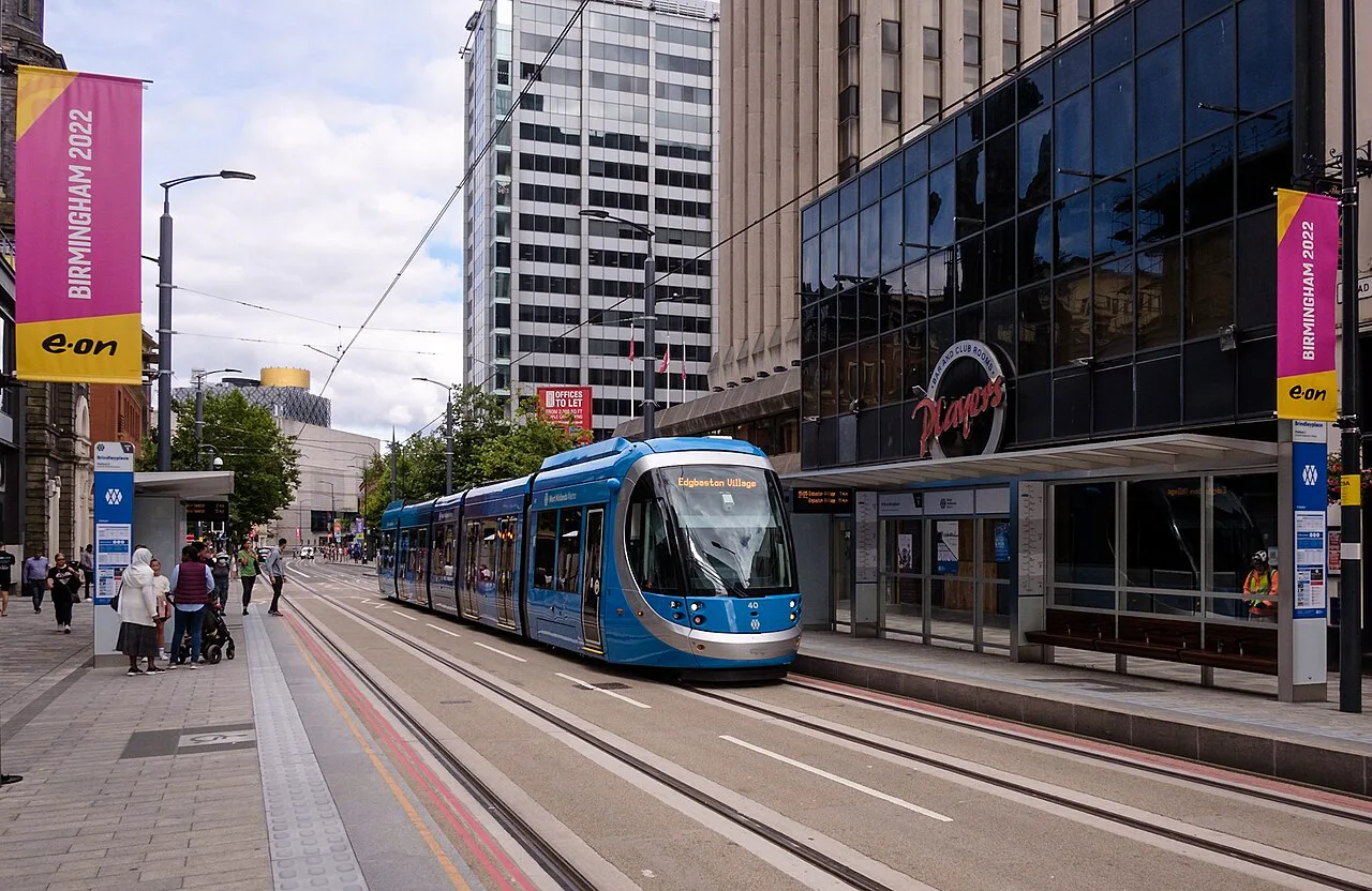 A tram at Brindleyplace on Broad Street, Birmingham.
