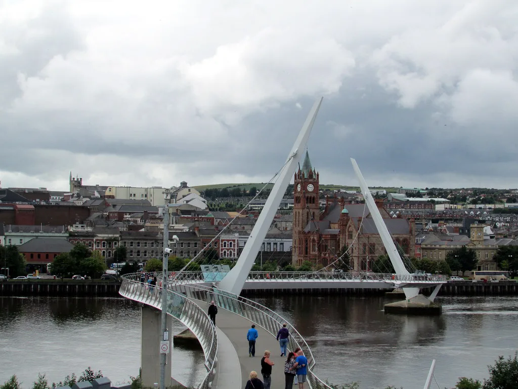 The Peace Bridge and the Derry waterfront seen from Ebrington Square.