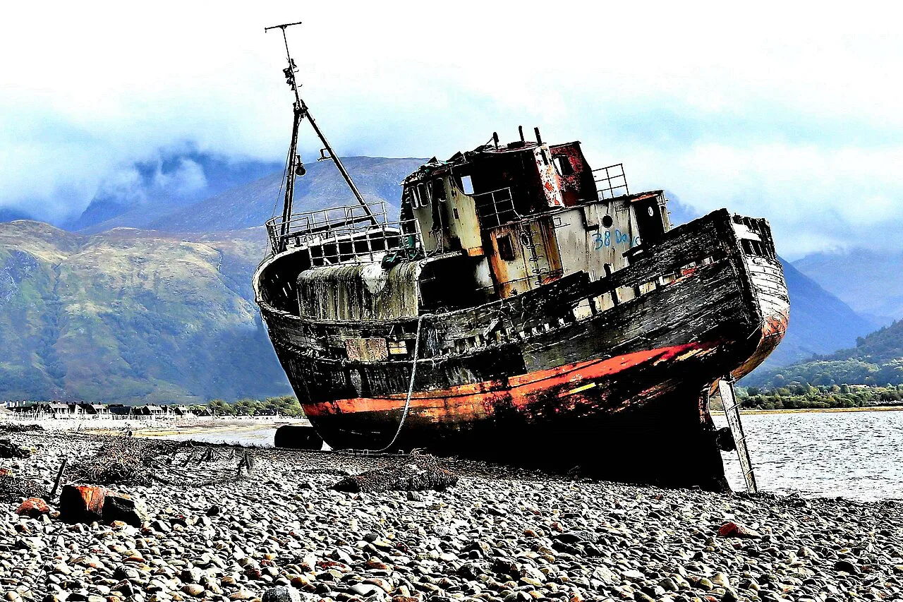 The MV Dayspring wreck on the shore at Corpach, near Fort William.
