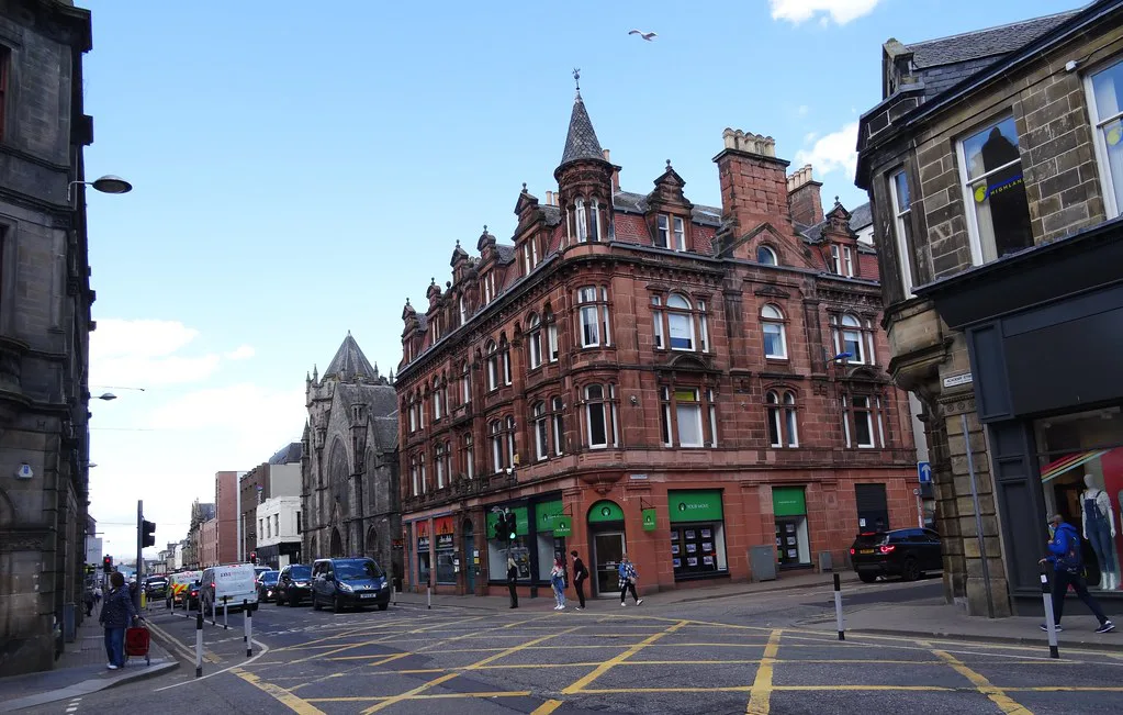 Red sandstone buildings on Academy Street, Inverness.