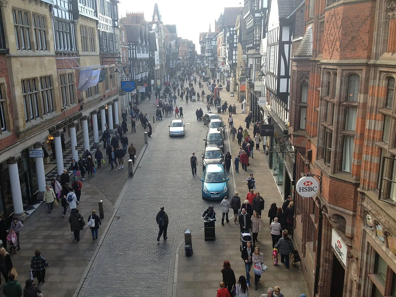 The black-and-white buildings of Eastgate Street, Chester.