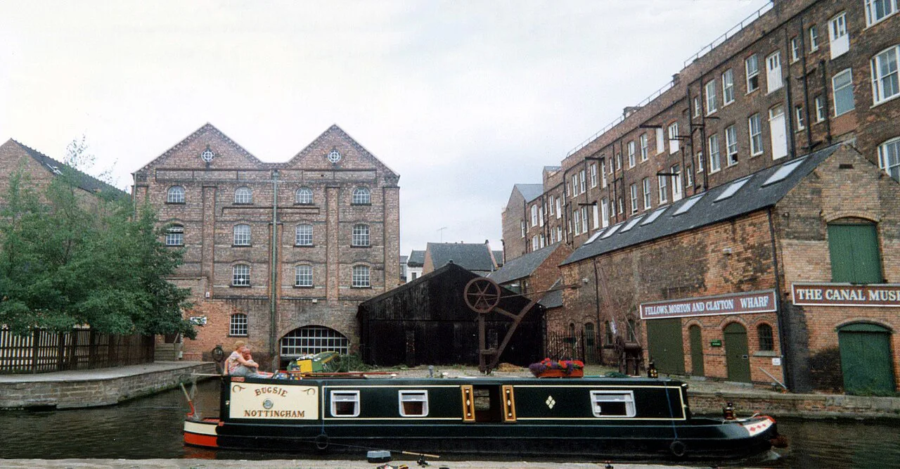 A narrowboat at Fellows, Morton and Clayton Wharf on the canal in Nottingham.