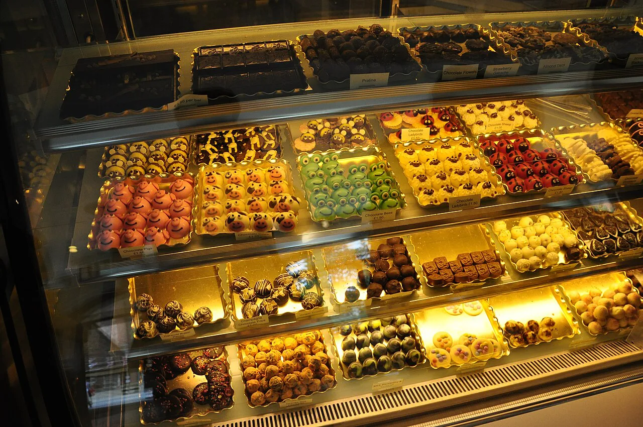Trays of handmade chocolates on display at York's Chocolate Story.